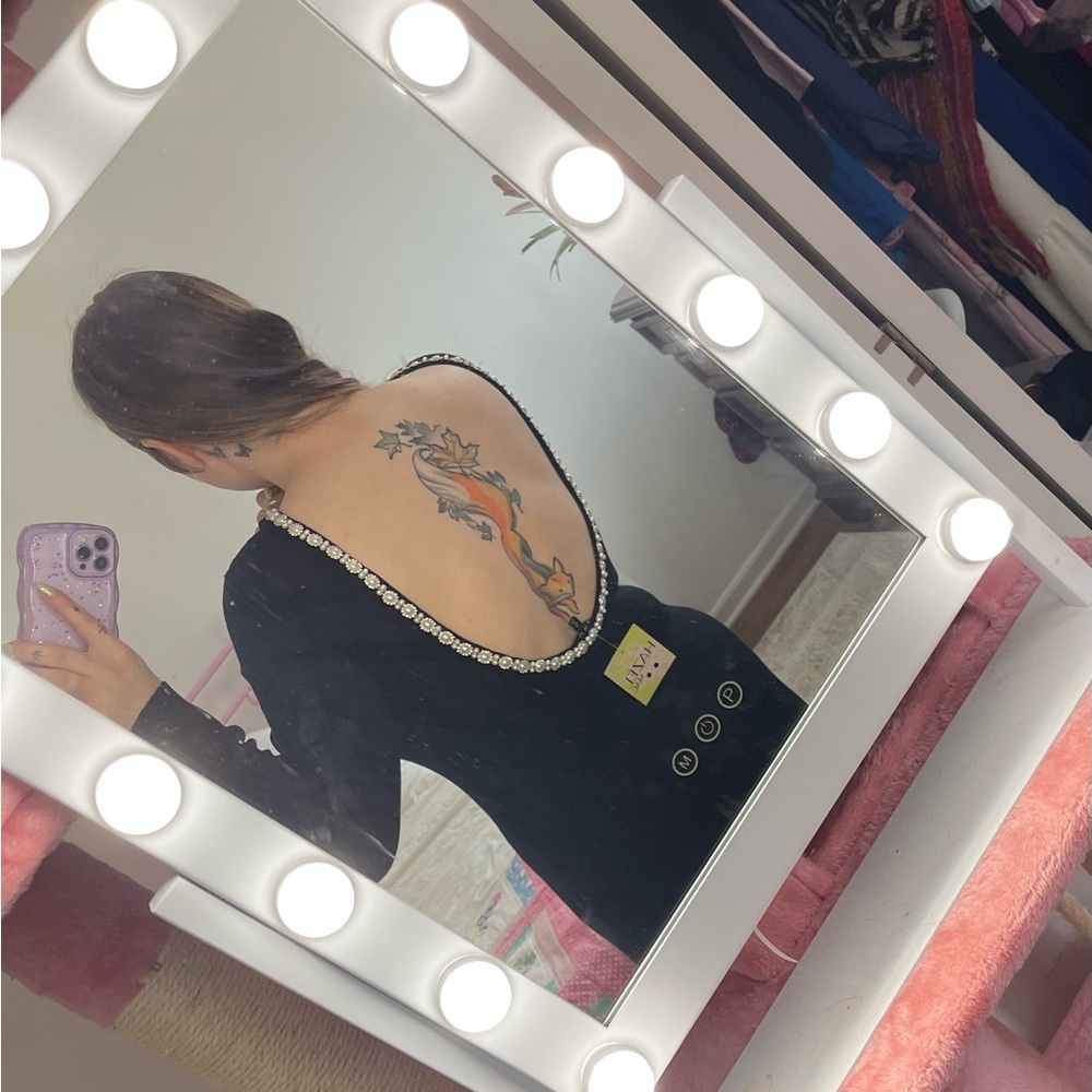 Black Backless Pearls  Knit Dress with Pearl-Trim Detail sexy mama